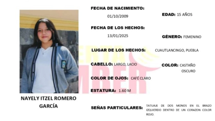 ALERTA AMBER: Nayely Itzel Romero García desapareció en Puebla; familiares temen por su vida