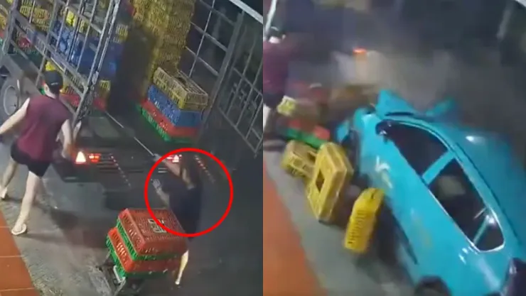 VIDEO | Trabajador es atropellado y opɐʇsɐldɐ por un taxista mientras descargaba una caja de tráiler