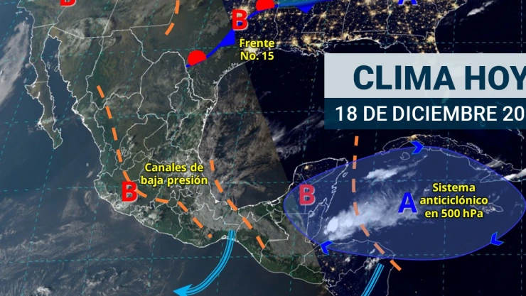 Mapa representativo del pronóstico del clima en México para el 18 de diciembre de 2024.