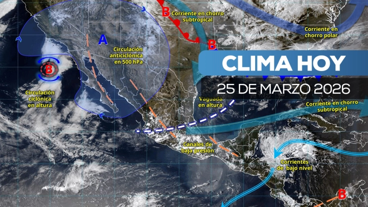 Mapa del clima en México para el 25 de marzo de 2026 que muestra sistemas como vaguada en altura, corrientes en chorro y zonas de baja presión que provocarán lluvias y cambios de temperatura.