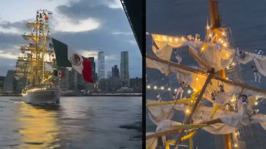 Video del buque Escuela Cuauhtémoc choca en Puente de Brooklyn el sábado 17 de mayo de 2025 (VIDEO)