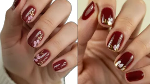 diseños de uñas color vino con flores
