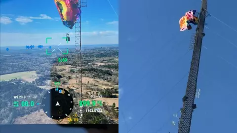 VIDEO: El arriesgado rescate de 2 personas tras quedar atrapadas en un globo aerostático a 280 metros