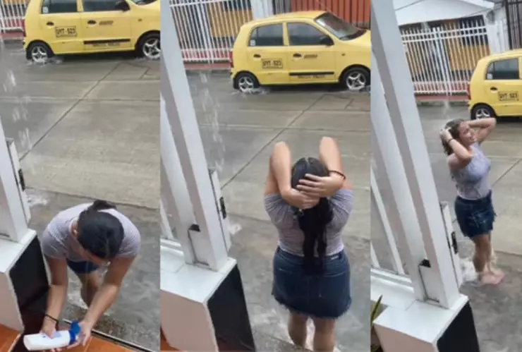 Joven se vuelve viral por bañarse con agua de lluvia