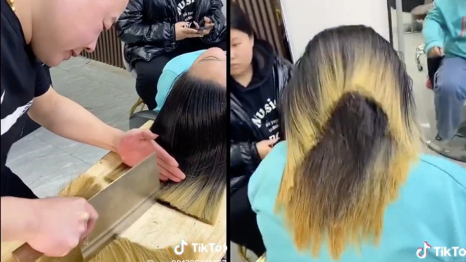 Estilista corta el cabello con cuchillo