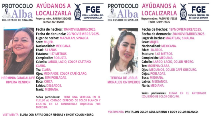 Fichas de búsqueda de Herminia Guadalupe Rivera Rendón y de Teresa de Jesús Morales Ontiveros desaparecidas en Mazatlán Sinaloa