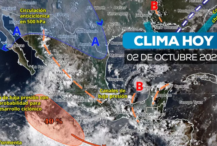Mapa satelital de cómo estará el clima en México, 2 de octubre de 2025.