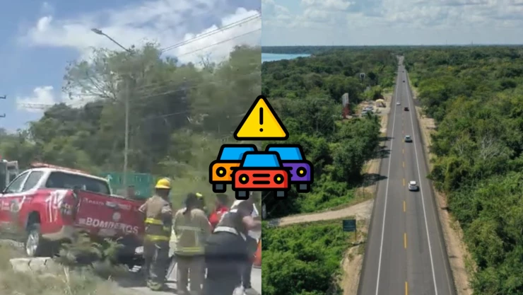 Accidente entre bomberos y dos vehículos más causa tráfico en la carretera federal 307 hoy, 15 de abril de 2026