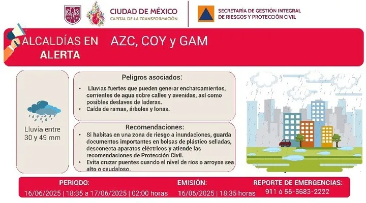 Alerta roja en CDMX por lluvias fuertes