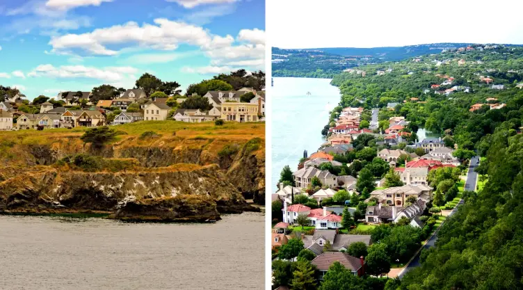 una imagen dividida de la ciudad de Mendocino, California y el lago Austin, Texas.