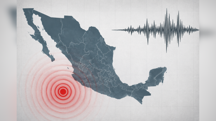 Imagen generada con IA con el mapa de México y señales y alertas por sismo