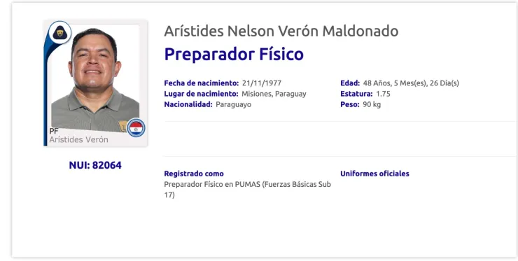 Arístides Verón estará en la banca de Pumas