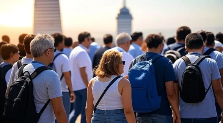 (Imagen generada con IA) Personas caminando rumbo a la Torre Latinoamérica.