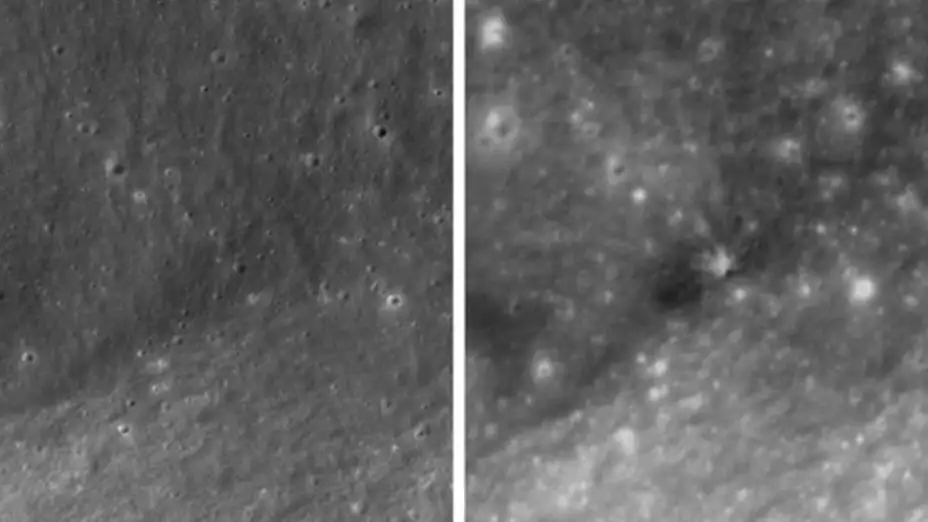 Superficie de la Luna antes y después del choque de un cohete de SpaceX.
