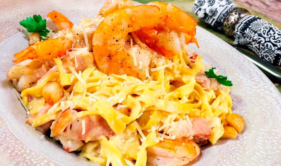 Receta Pasta a la carbonara con camarones