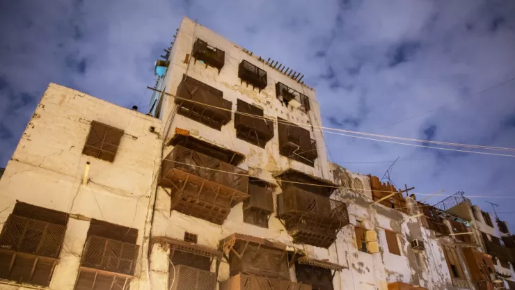 Historic house with wooden mashrabiyas in al-Balad quarter at night, Mecca province, Jeddah, Saudi Arabia