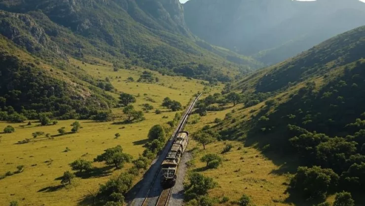 (Imagen generada con inteligencia artificial) Así luciría el Tren Saltillo-Monterrey-Nuevo Laredo con las características montañas de Nuevo León.