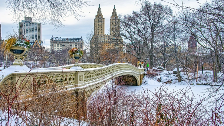 Puente de Proa, en el Central Park, todo nevado en temporada de invierno