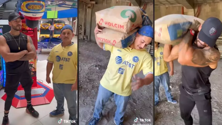 Hacen prueba de resistencia física entre albañil y joven fitness