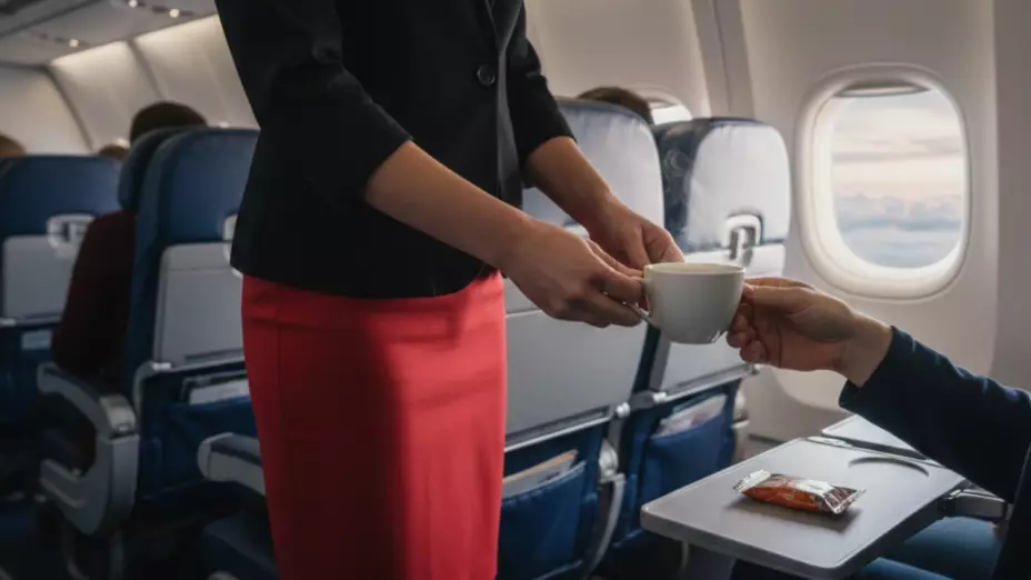 Imagen generada con Gemini AI que muestra a una sobrecargo con falda roja y saco negro sirviendo una taza de té a un pasajero.
