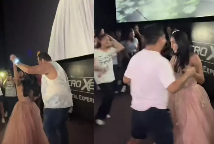 Joven baila su vals de XV años en el cine