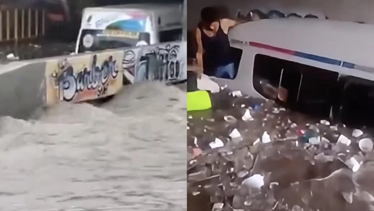 VIDEO: Combi se inunda y pasajeros salen por las ventanillas entre agua llena de basura