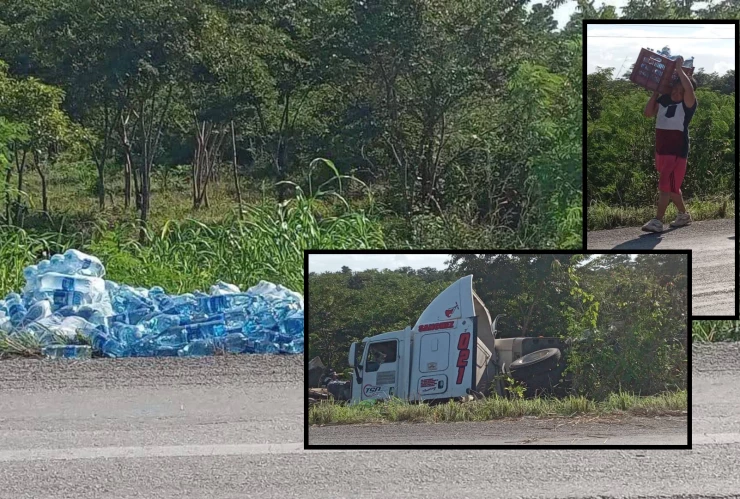 FOTOS: Tráiler pesado vuelca y pobladores se llevan toda el agua purificada