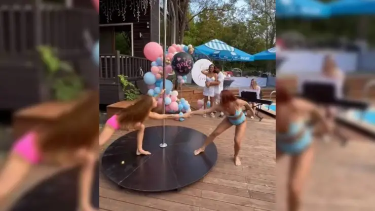 Con bailarinas de pole dance realizan fiesta de revelación de género