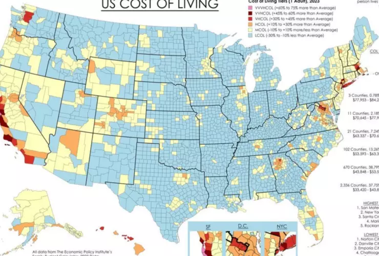 El mapa de Estados Unidos que muestra los costo de vida