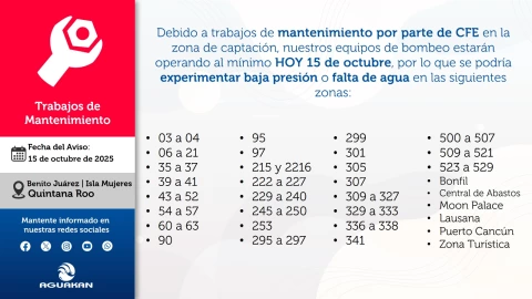 Anuncian CORTE DE AGUA en Cancún e Isla Mujeres HOY 15 de octubre: Aquí las colonias afectadas