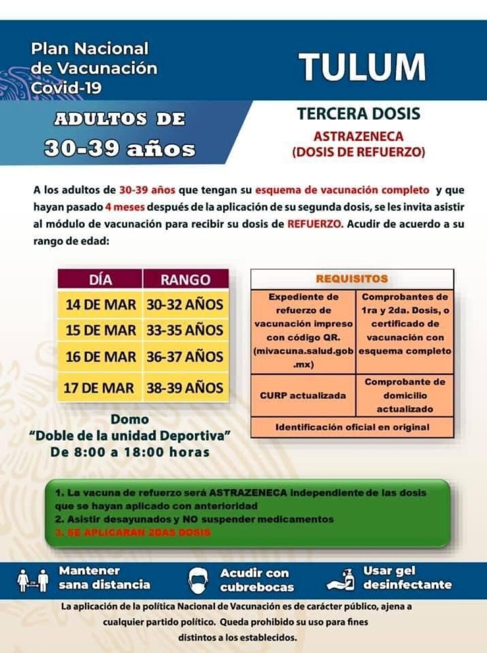Anuncian jornada de vacunación para mayores de 30 años en Tulum