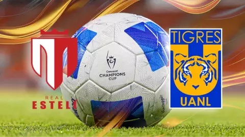 Escudos de Real Estelí y Tigres FC junto al balón de la Concachampions 2025
