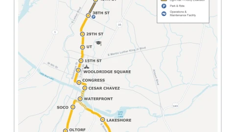 Ruta del light rail propuesta por Austin Transit Partnership