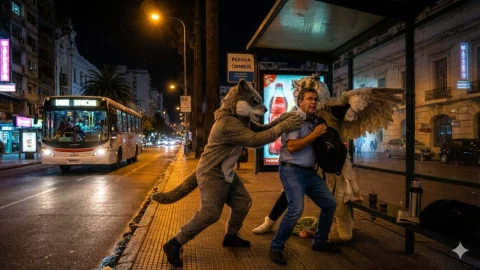 Foto generada con inteligencia artificial de dos jóvenes disfrazados de therians asaltando a un hombre común en una parada de autobús en Uruguay en la medianoche.