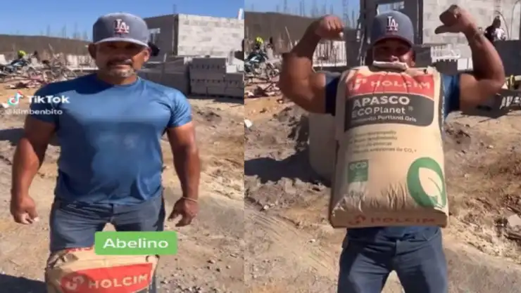 Albañil es capaz de cargar bulto de cemento con los dientes
