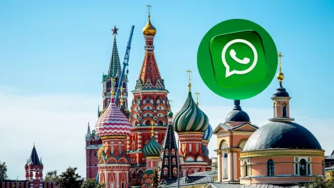 Imagen de la Plaza Roja de Rusia y del ícono de WhatsApp.