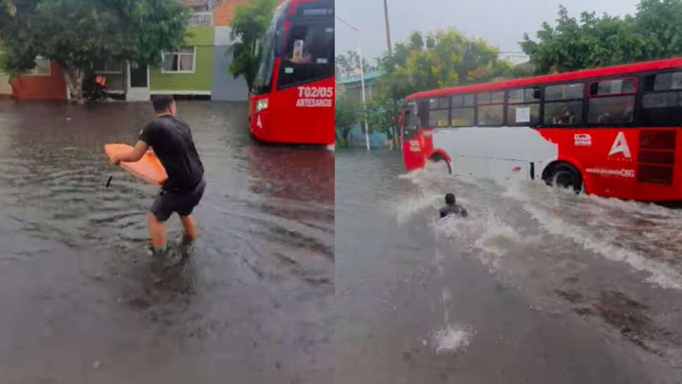 La inundación que se registró en una calle de Guadalajara por la lluvia sirvió para que un joven intentara surfear sin ir a la playa.