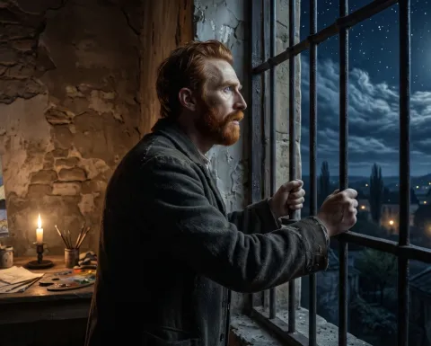 Recreación de Vincent van Gogh observando detenidamente la luna y las estrellas desde los barrotes de su habitación en el asilo.