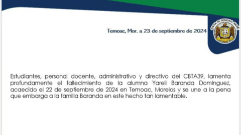CBTA 39 lamenta muerte de alumna