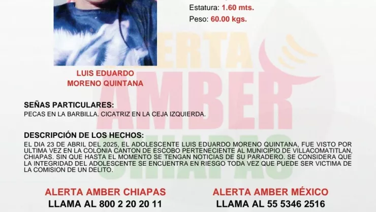 ALERTA AMBER CHIAPAS: Luis Eduardo Moreno Quintana desapareció en Villa Comaltitlán