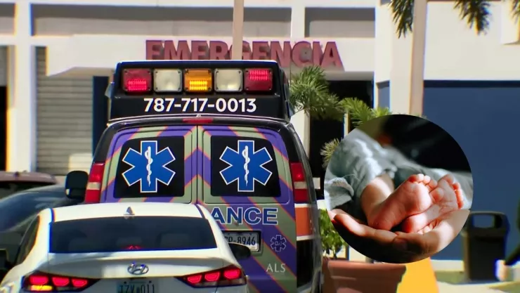 Foto de ambulancia afuera de hospital en Puerto Rico y de pies de bebé de foto de stock.