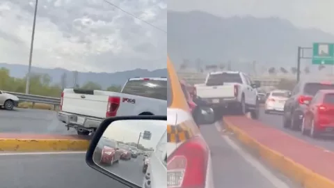 Conductor intenta saltar un camellón y queda atrapado en plena avenida en Monterrey