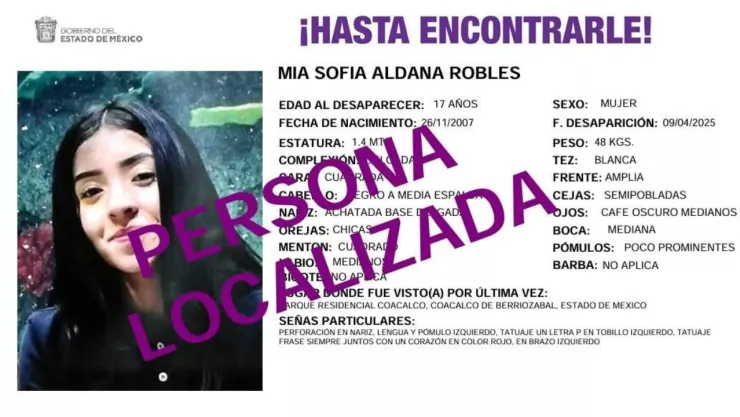 Localizan con vida a Mía Sofía, una de las 6 mujeres desaparecidas en Coacalco