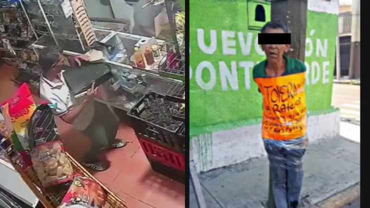 Extorsionador atado a poste en Monterrey.