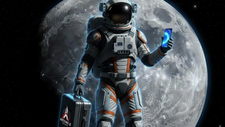 Un astronauta sosteniendo un celular durante una misión espacial a luna: Imagen con IA
