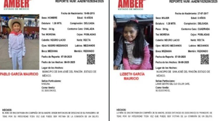 Activan Alerta Amber en el Edomex por la desaparición de los hermanos Pablo y Lizbeth García Mauricio. En la imagen se observa la ficha de búsqueda de ambos niños desaparecidos en el municipio de San José del Rincón.