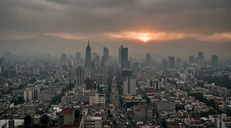 Fotografía periodística horizontal, realista y limpia de la Ciudad de México tras una contingencia ambiental… vista amplia de una avenida importante con autos circulando con normalidad, cielo gris claro con ligera capa de smog, edificios urbanos al fondo y montañas apenas visibles entre la bruma