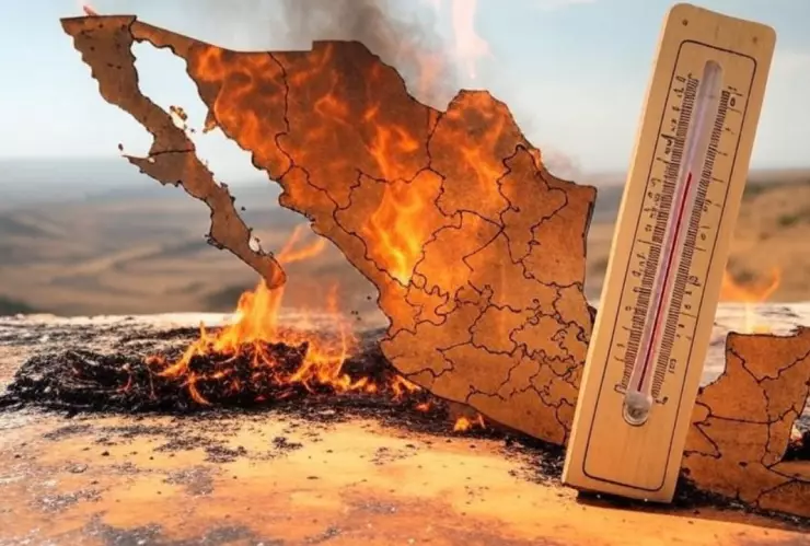 (Imagen generada con IA) Un mapa de la República Mexicana a lado de un termómetro rodeado de fuego por las altas temperaturas que traerá la temporada de calor.