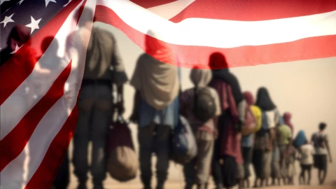 Inmigrantes bajo una bandera estadounidense.