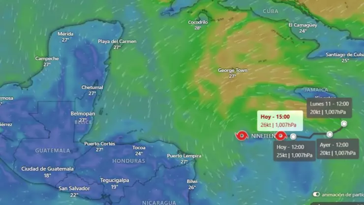 Ciclón Tropical 19 ROZARÁ la Península de Yucatán en esta fecha como Tormenta Tropical Sara, según el pronóstico de Windy